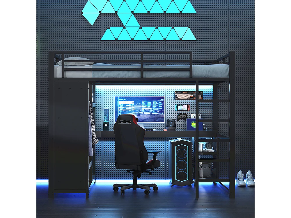 Hoogslaper 140 x 200 cm, met ledverlichting, metalen frame, voorzien van een bureau, een open kast en opbergplanken, zwart.