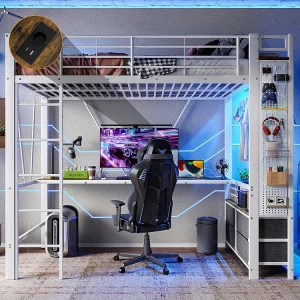 Hoogslaper 90 x 200 cm, van ijzer, met bureau, kledingstang, planken, lades, USB- en Type-C-aansluitingen, ledstrip, wit