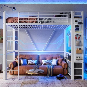 Hoogslaper 90 x 200 cm, ijzeren frame, met kledingroede, planken, lades, USB- + Type-C-aansluitingen, ledstrip, wit Hoogslaper 90 x 200 cm, ijzeren frame, met kledingroede, planken, lades, USB- + Type-C-aansluitingen, ledstrip, wit