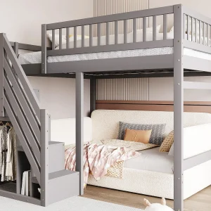 Mezzanine bed 140x200cm – met trap met opbergruimte – massief hout + multiplex + MDF – Grijs Mezzanine bed 140x200cm – met trap met opbergruimte – massief hout + multiplex + MDF – Grijs