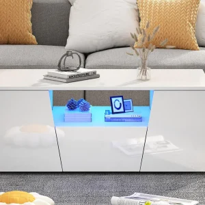 Hogglans salontafel 100×50×40 cm – met LED-verlichting – 2 deuren en 1 la – wit Hogglans salontafel 100×50×40 cm – met LED-verlichting – 2 deuren en 1 la – wit