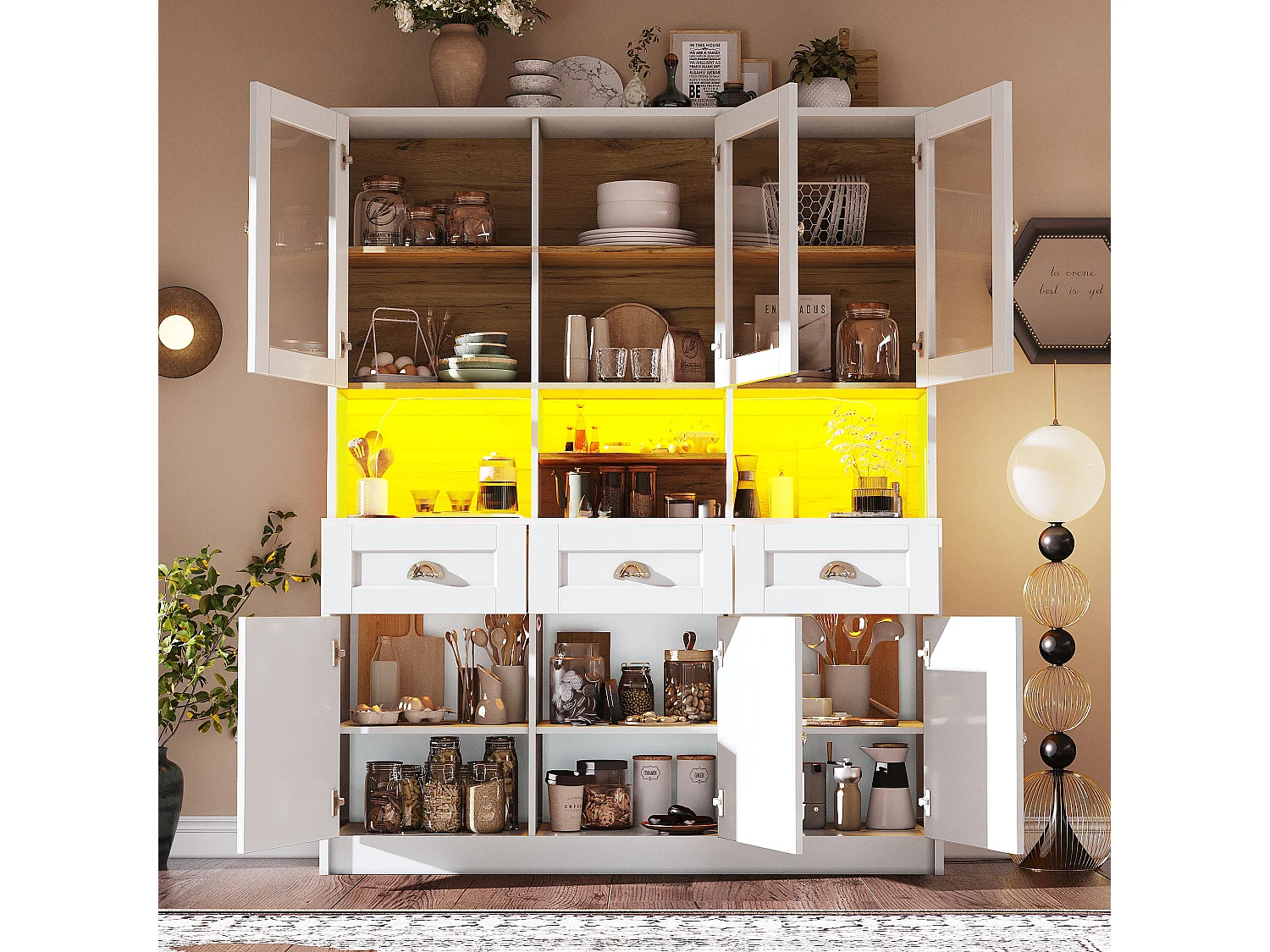 Hoge keukenkast met LED-verlichting, modern design, MDF, wit/zwart, verstelbare planken (140x40x175cm)