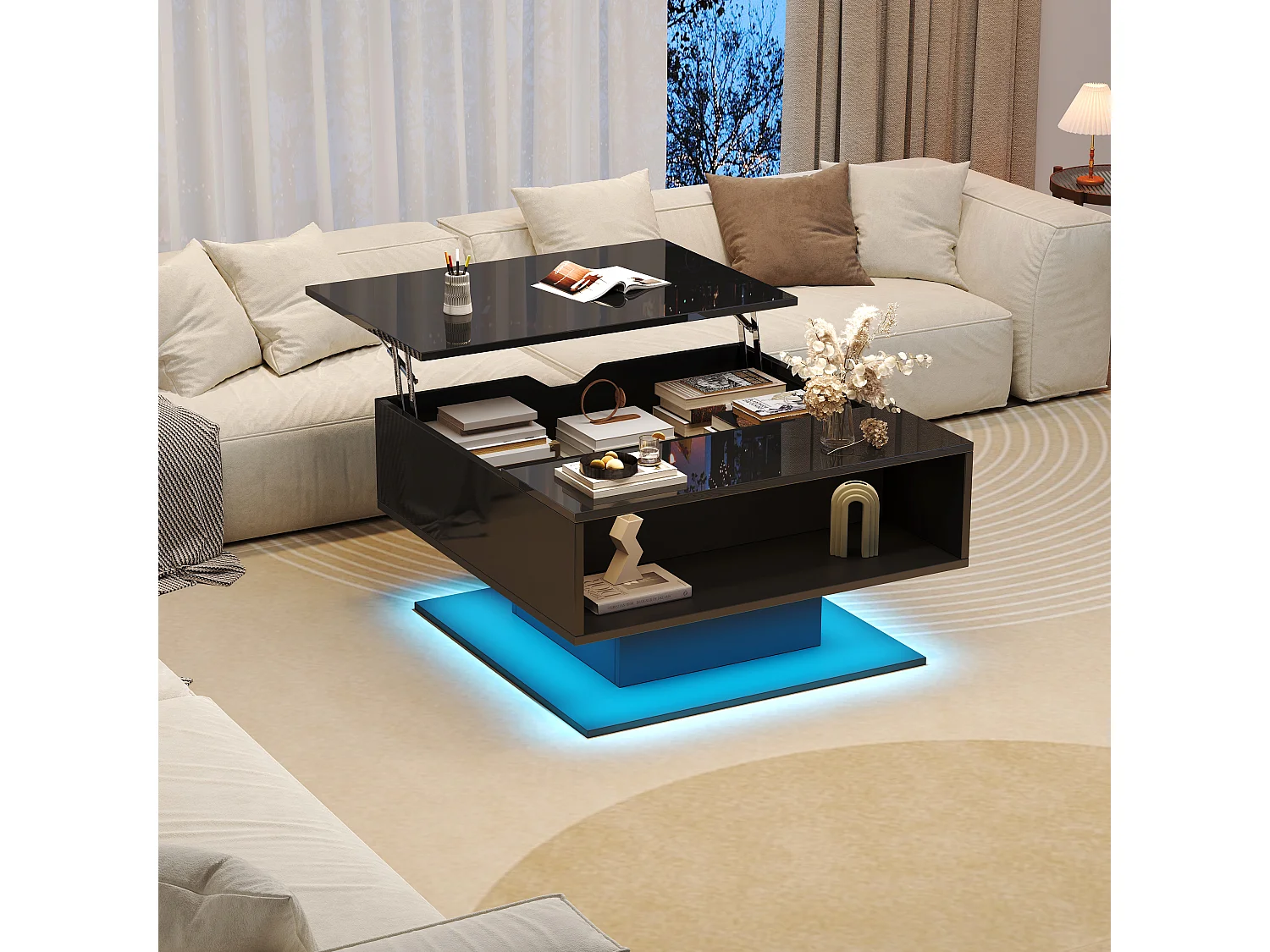 Hydraulisch opklapbare salontafel, modern design met opbergruimte en ledverlichting, spaanplaat, zwart (80x77x40cm)