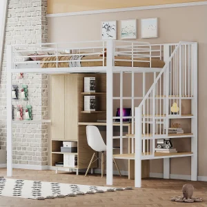 Hoogslaper 140×200 cm, stevig metalen frame met trap en opbergruimte, wit (215,5x145x169 cm) Hoogslaper 140×200 cm, stevig metalen frame met trap en opbergruimte, wit (215,5x145x169 cm)
