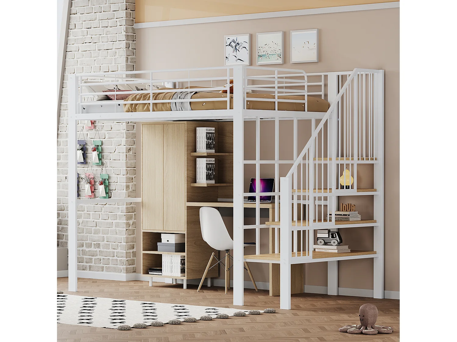 Hoogslaper 140x200 cm, stevig metalen frame met trap en opbergruimte, wit (215,5x145x169 cm)