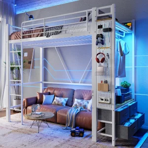 Hoogslaper met opbergruimte, metalen frame, wit, met 4 lades, USB+TYPE-C, LED-balk (90x200x180cm) Hoogslaper met opbergruimte, metalen frame, wit, met 4 lades, USB+TYPE-C, LED-balk (90x200x180cm)