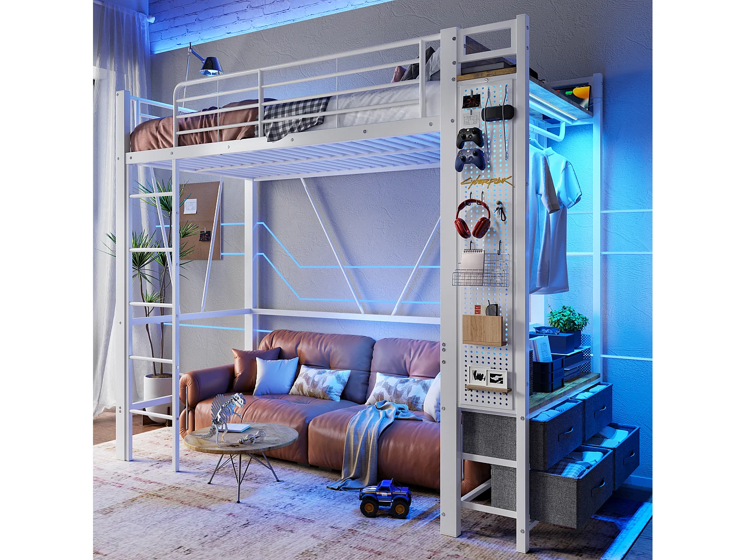 Hoogslaper met opbergruimte, metalen frame, wit, met 4 lades, USB+TYPE-C, LED-balk (90x200x180cm)
