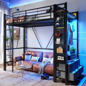 Hoogslaper met opbergruimte, metalen frame, zwart, met 4 lades, USB+TYPE-C, LED (90x200x180cm) Hoogslaper met opbergruimte, metalen frame, zwart, met 4 lades, USB+TYPE-C, LED (90x200x180cm)