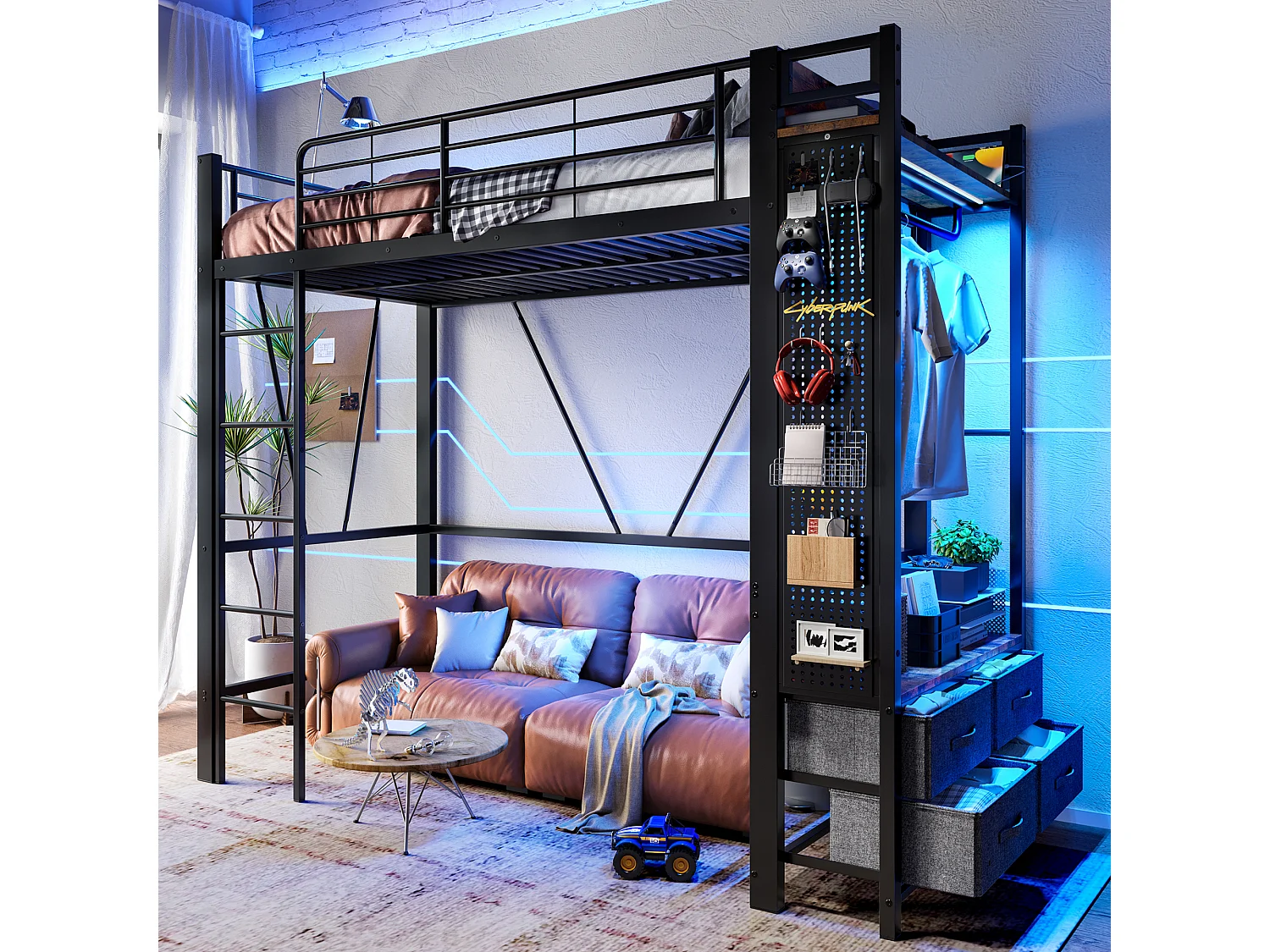 Hoogslaper met opbergruimte, metalen frame, zwart, met 4 lades, USB+TYPE-C, LED (90x200x180cm)