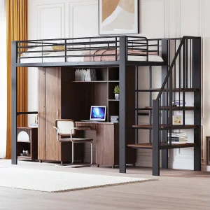 Hoogslaper 90×200 cm, stevig metalen frame met trap en geïntegreerde opbergruimte, zwart (215,5x95x169 cm) Hoogslaper 90×200 cm, stevig metalen frame met trap en geïntegreerde opbergruimte, zwart (215,5x95x169 cm)
