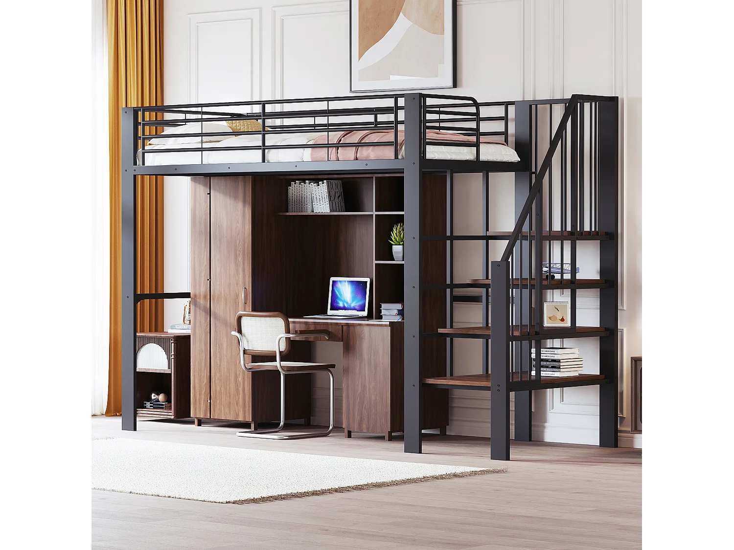 Hoogslaper 90x200 cm, stevig metalen frame met trap en geïntegreerde opbergruimte, zwart (215,5x95x169 cm)
