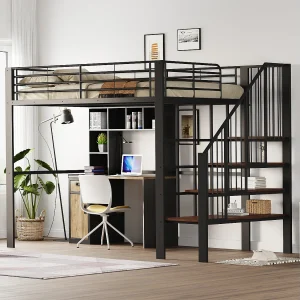 Hoogslaper 140×200 cm, stevig metalen frame met trap en geïntegreerde opbergruimte, metaal en hout, zwart (215,5x145x169 cm) Hoogslaper 140×200 cm, stevig metalen frame met trap en geïntegreerde opbergruimte, metaal en hout, zwart (215,5x145x169 cm)