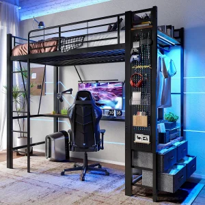 Hoogslaper met bureau, droogrek, planken en ledverlichting, metaal, zwart (227,5x95x180cm) Hoogslaper met bureau, droogrek, planken en ledverlichting, metaal, zwart (227,5x95x180cm)