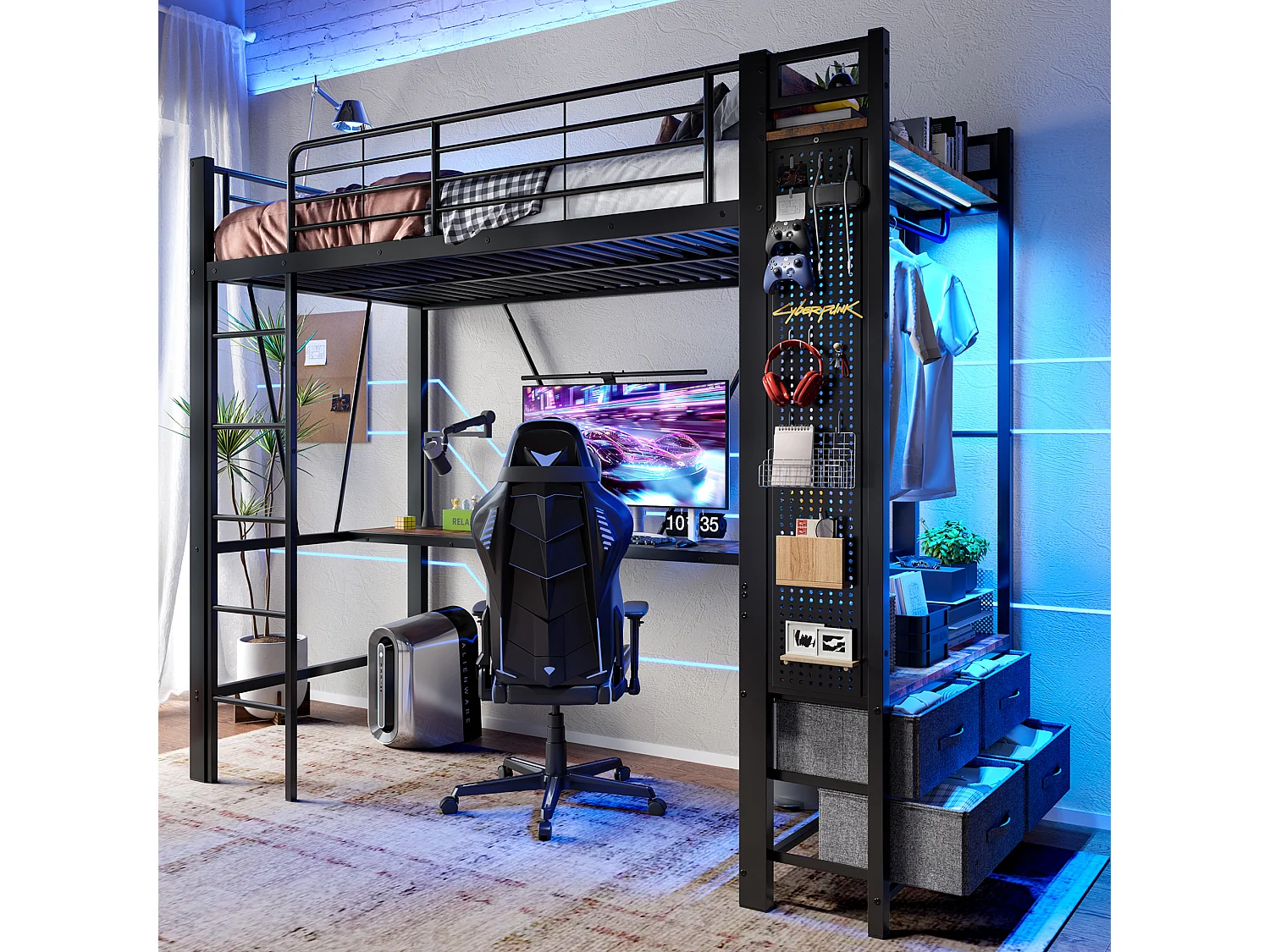 Hoogslaper met bureau, droogrek, planken en ledverlichting, metaal, zwart (227,5x95x180cm)