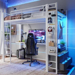 Hoogslaper met bureau, droogrek en opbergruimte, metalen frame, wit (90x200x180cm) Hoogslaper met bureau, droogrek en opbergruimte, metalen frame, wit (90x200x180cm)