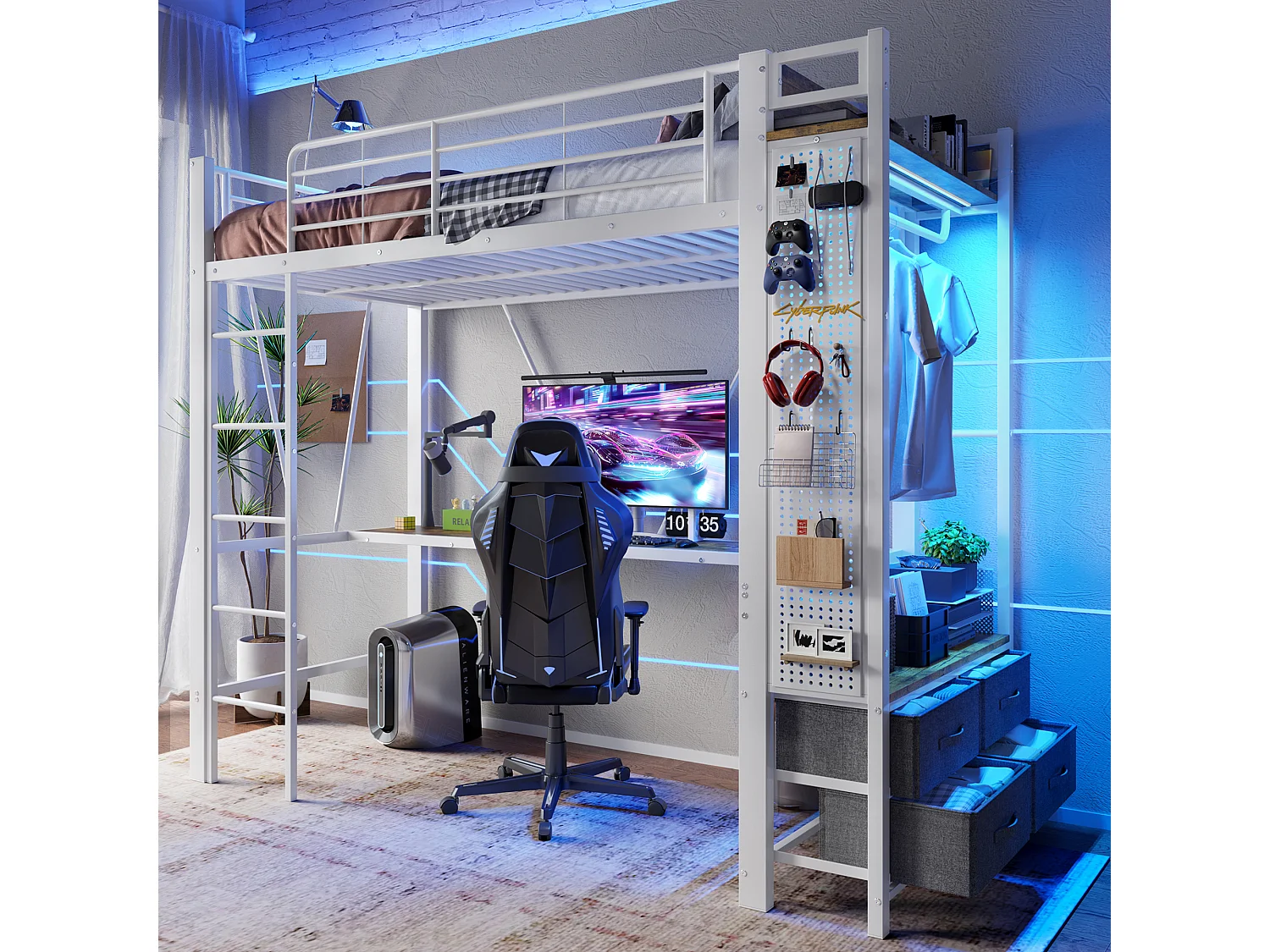 Hoogslaper met bureau, droogrek en opbergruimte, metalen frame, wit (90x200x180cm)