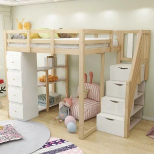 Hoogslaper 140x200cm met opberglades, veiligheidsladder en planken, massief hout, naturel en wit (253×146,5x168cm) Hoogslaper 140x200cm met opberglades, veiligheidsladder en planken, massief hout, naturel en wit (253×146,5x168cm)