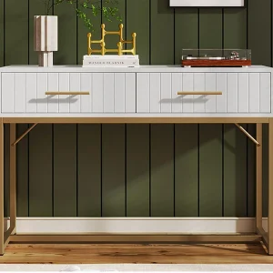 Kaptafel versierd met verticale strepen – H 75 cm – met 2 laden en metalen onderstel – Wit Kaptafel versierd met verticale strepen – H 75 cm – met 2 laden en metalen onderstel – Wit