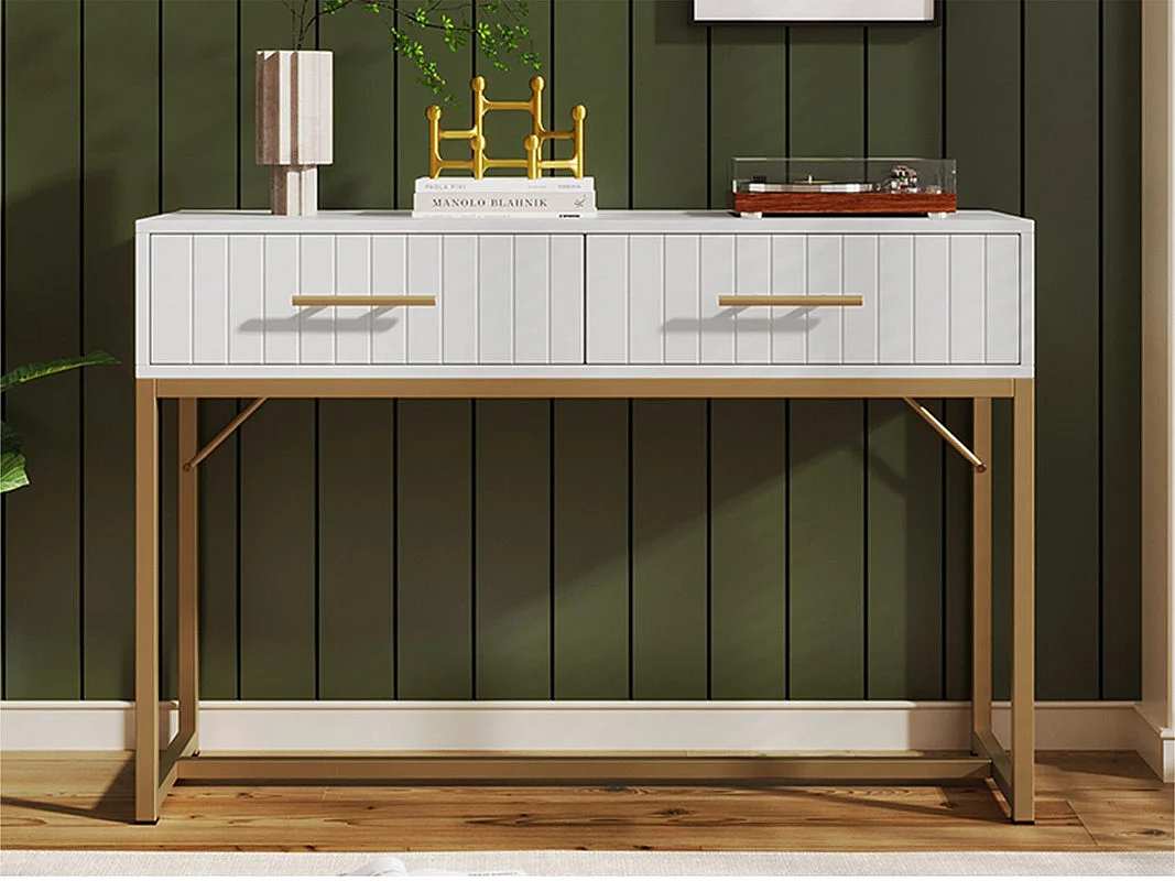 Kaptafel versierd met verticale strepen - H 75 cm - met 2 laden en metalen onderstel - Wit