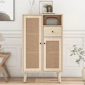 Hoog houten dressoir – 2 rotan deuren en 1 lade – Naturel Hoog houten dressoir – 2 rotan deuren en 1 lade – Naturel