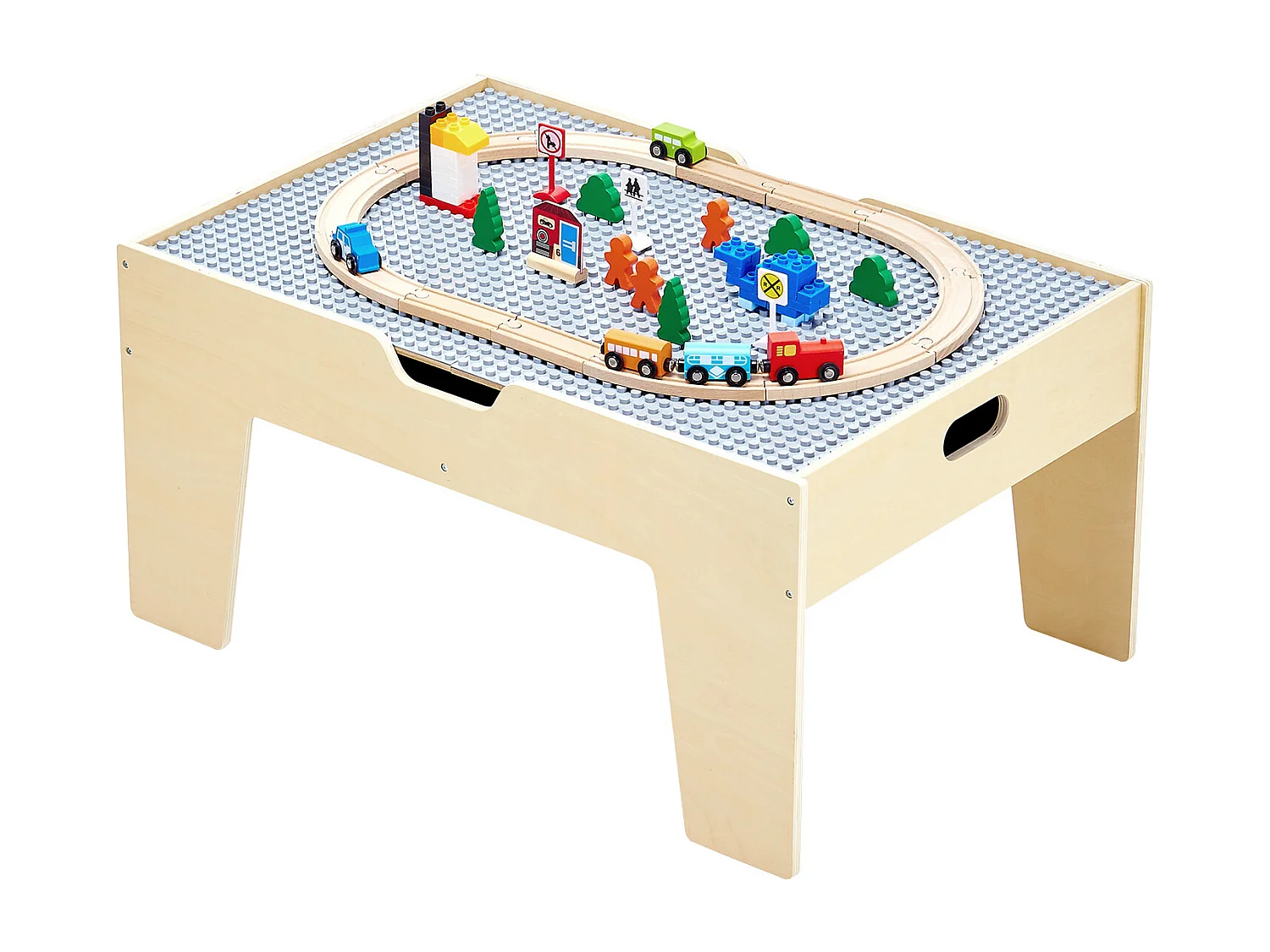 Houten Treinspeeltafel SucceBuy, met 290 Bouwstenen, 30 Accessoires, Treinspoor en Voertuigen, Creatief Speelgoed voor Kinderen vanaf 3 Jaar