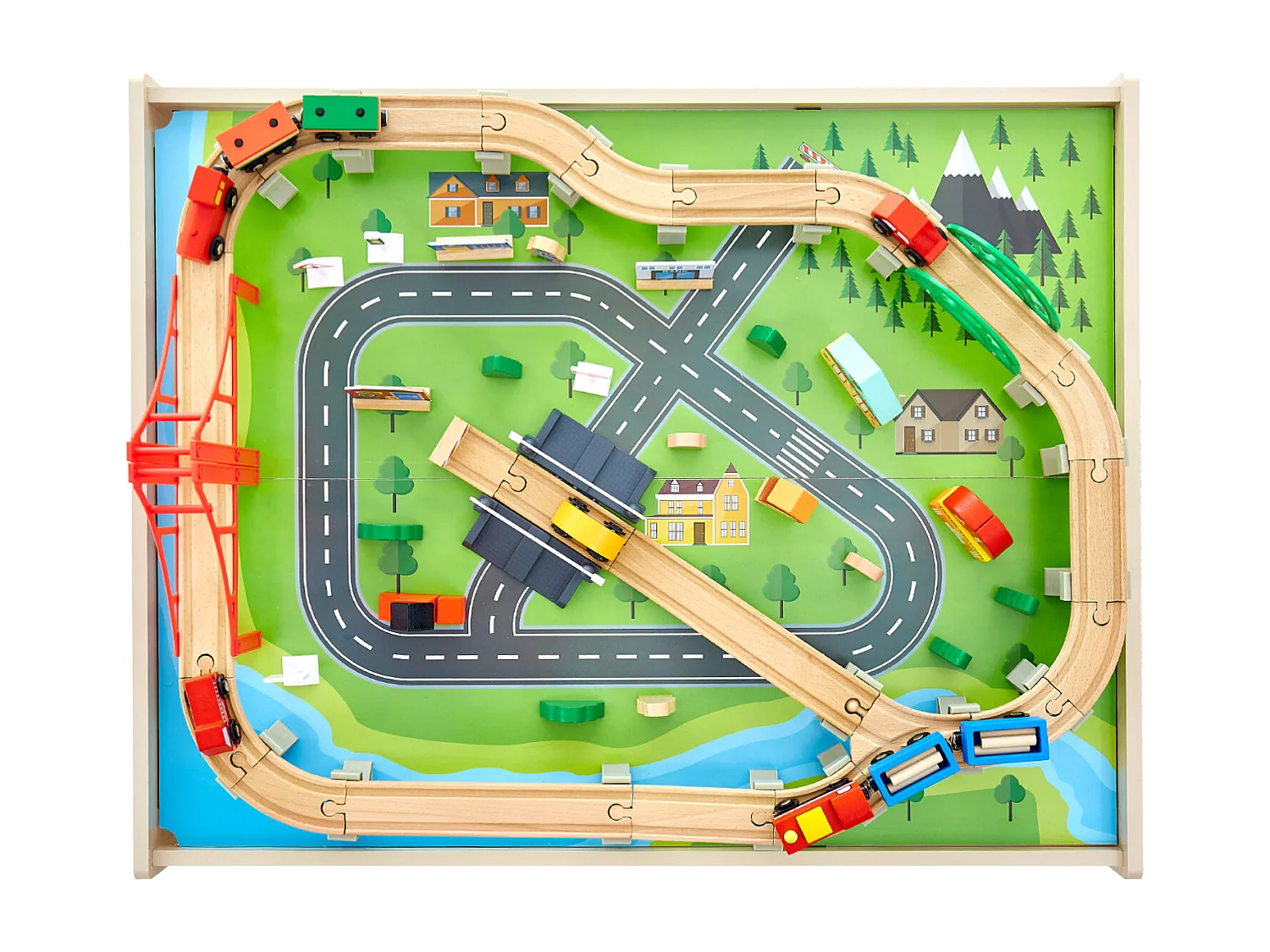 Houten Treinspoor SucceBuy, 100 Stuks, Dubbelzijdige 3-in-1-activiteitentafel om Mee te Spelen, Creatief Speelgoed voor Kinderen van 3 Jaar en Ouder