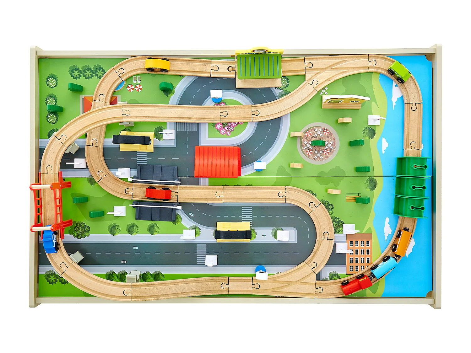 Houten Treinspeeltafel SucceBuy, 84 Stuks, Dubbelzijdige 3-in-1-Activiteitentafel om te Spelen, Tekenen, Creatief Speelgoed voor Kinderen van 3 Jaar en Ouder