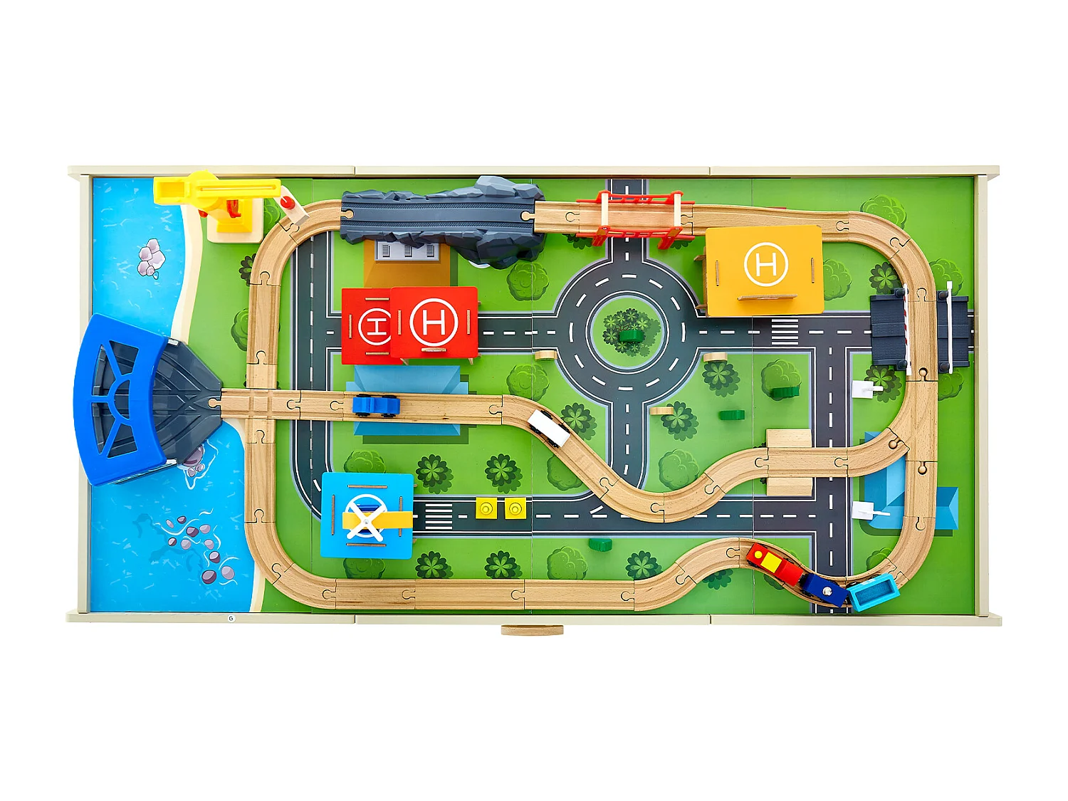 Houten Treinset SucceBuy, 62 Stuks, met Treinspoor, Dubbelzijdige 3-in-1-activiteitentafel om Mee te Spelen, Creatief Speelgoed voor Kinderen van 3 Jaar en Ouder