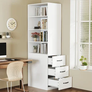 Hoge boekenkast voor in de woonkamer – 60 x 38 x 180 cm – met 3 lades + verstelbare planken – spaanplaat – wit Hoge boekenkast voor in de woonkamer – 60 x 38 x 180 cm – met 3 lades + verstelbare planken – spaanplaat – wit