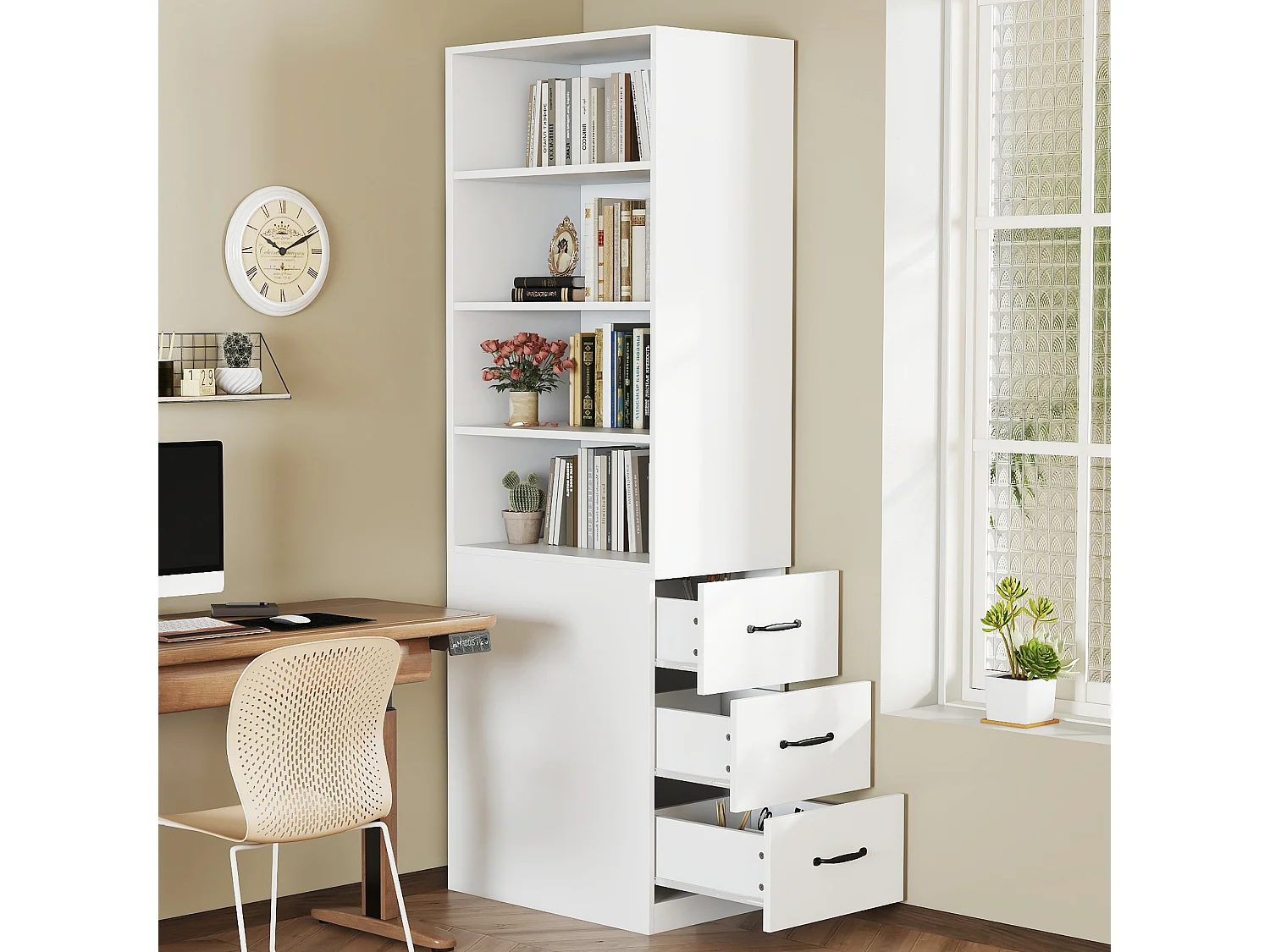Hoge boekenkast voor in de woonkamer - 60 x 38 x 180 cm - met 3 lades + verstelbare planken - spaanplaat - wit