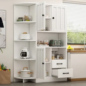 Hoge hoekdressoir – 104 x 35 x 155 cm – met 3 kasten + 2 lades + planken – spaanplaat – wit Hoge hoekdressoir – 104 x 35 x 155 cm – met 3 kasten + 2 lades + planken – spaanplaat – wit