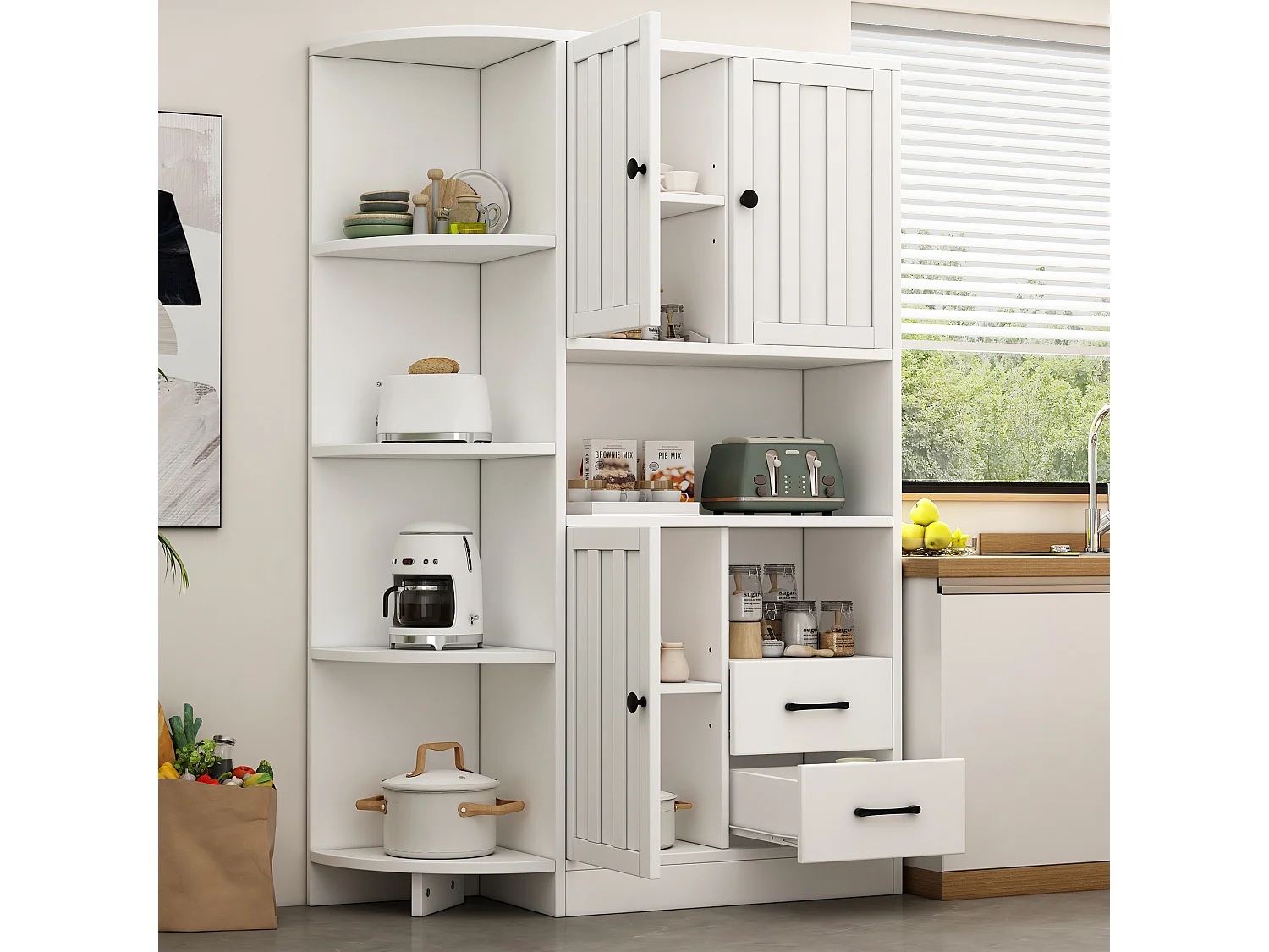Hoge hoekdressoir - 104 x 35 x 155 cm - met 3 kasten + 2 lades + planken - spaanplaat - wit