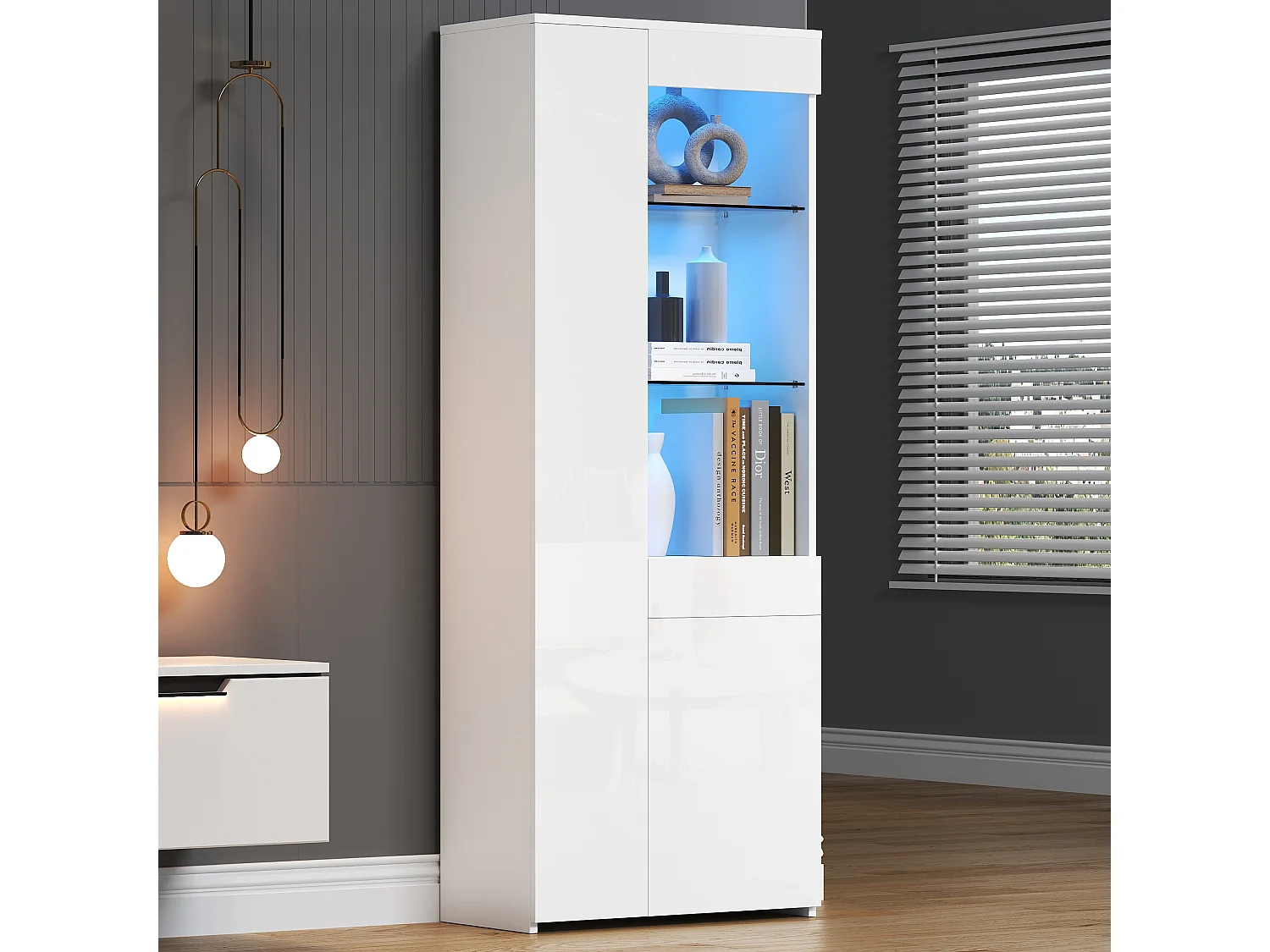Hoogglans vitrinekast - 70 x 35 x 180 cm - met 1 lade + 2 deuren + LED's - spaanplaat - wit