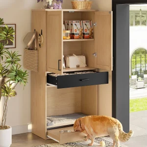 Huisdiermeubel – 79 x 40 x 160 cm – met voerbak + mand + opbergruimte en haken – spaanplaat – naturel Huisdiermeubel – 79 x 40 x 160 cm – met voerbak + mand + opbergruimte en haken – spaanplaat – naturel