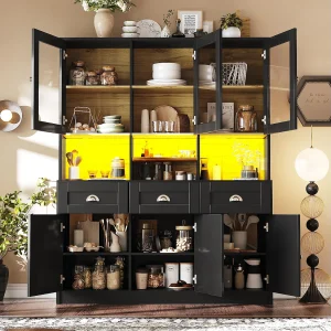 Hoge keukenkast – 140 x 40 x 175 cm – met deuren + LED's + 3 laden – MDF – zwart Hoge keukenkast – 140 x 40 x 175 cm – met deuren + LED's + 3 laden – MDF – zwart