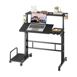 In hoogte verstelbaar sta-bureau met wielen – Mobiel sta-bureau met kantelbaar blad – 80 x 60 cm – Voor laptop en desktop – Zwart In hoogte verstelbaar sta-bureau met wielen – Mobiel sta-bureau met kantelbaar blad – 80 x 60 cm – Voor laptop en desktop – Zwart