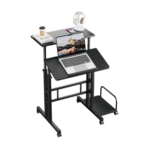 In hoogte verstelbaar sta-bureau 60 x 60 cm met 4 wielen – Laptoptafel – Kantelbaar – voor thuis en kantoor – Zwart