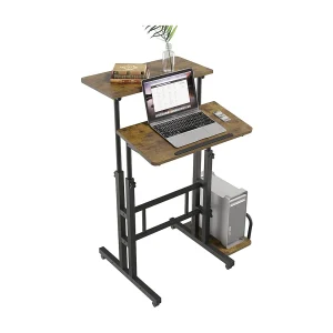 In hoogte verstelbaar sta-bureau 60 x 60 cm met 4 wielen – Laptoptafel – Kantelbaar – voor thuis, kantoor – Vintage bruin zwart