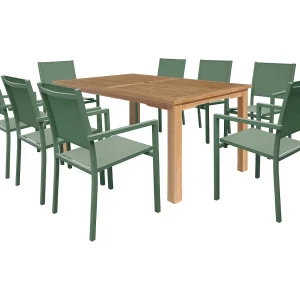 JAVA teakhouten tuinset met saliegroene aluminium stoelen – 8 zitplaatsen