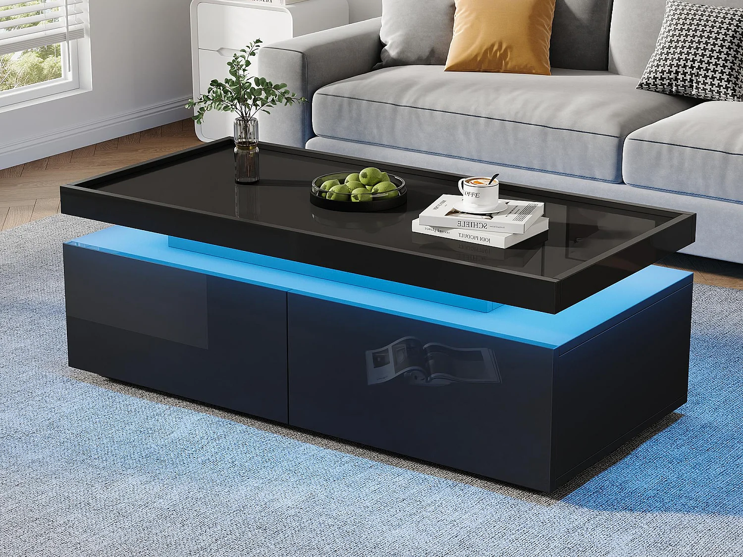 Hogglans salontafel 95×45×35 cm - met LED-verlichting - met 2 laden - Spaanplaat - Zwart