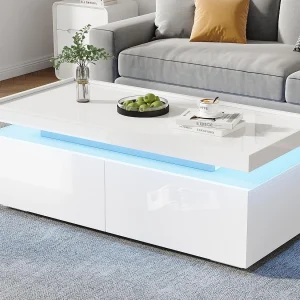 Hogglans salontafel 95×45×35 cm – met LED-verlichting – met 2 laden – Spaanplaat – Wit Hogglans salontafel 95×45×35 cm – met LED-verlichting – met 2 laden – Spaanplaat – Wit