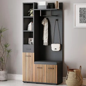 Inkomhalgarderobeset 80×35×175 cm – 1 la en 3 deuren – met bank en schoenenkast – 2 haken – Zwart + naturel Inkomhalgarderobeset 80×35×175 cm – 1 la en 3 deuren – met bank en schoenenkast – 2 haken – Zwart + naturel