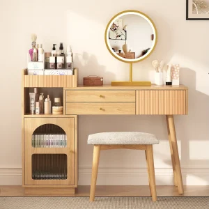 Houten kaptafel met LED-spiegel, 3 ruime lades en 1 zijkastje, natuurlijke kleur, 120 x 40 x 90 cm Houten kaptafel met LED-spiegel, 3 ruime lades en 1 zijkastje, natuurlijke kleur, 120 x 40 x 90 cm