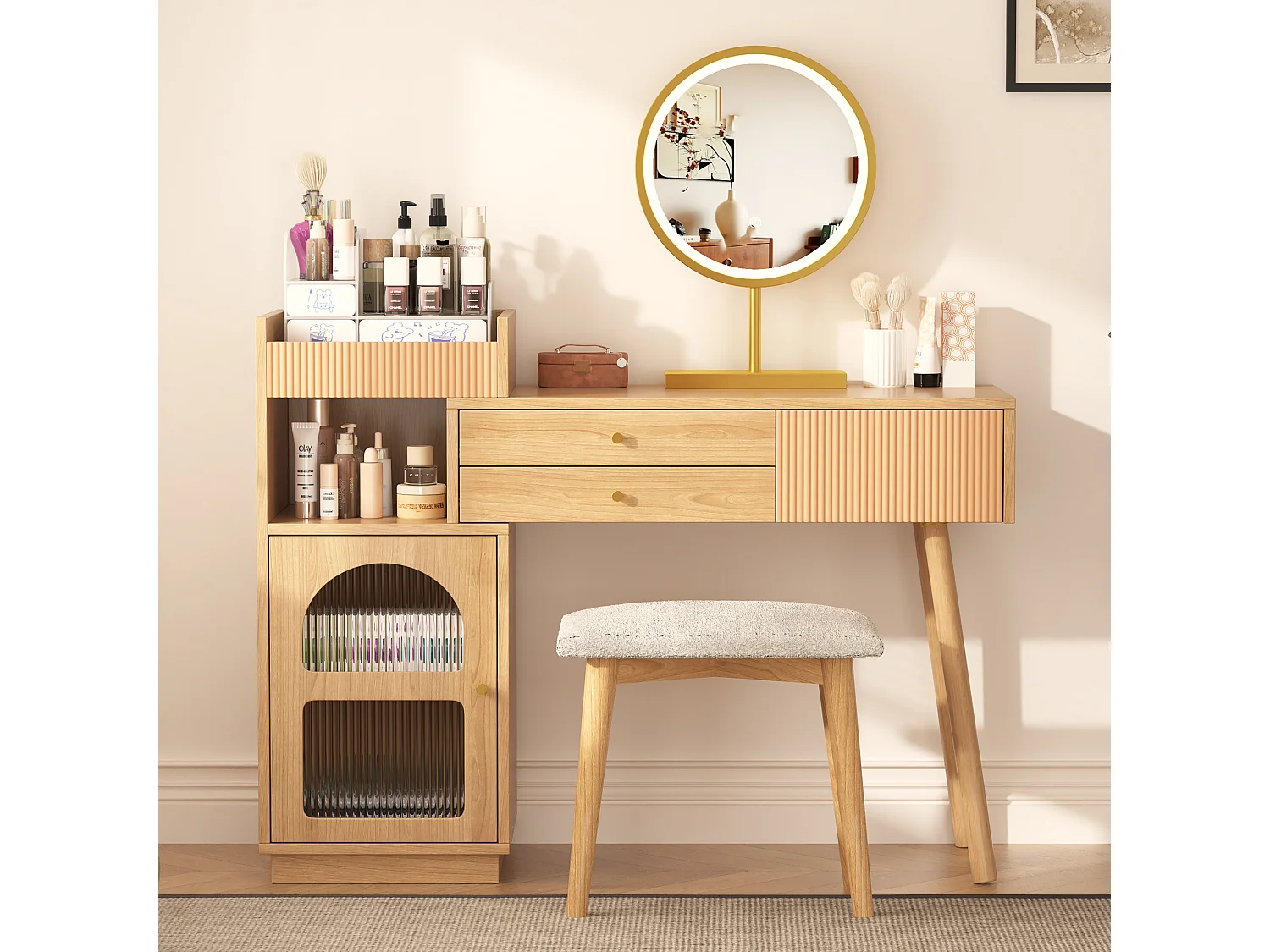 Houten kaptafel met LED-spiegel, 3 ruime lades en 1 zijkastje, natuurlijke kleur, 120 x 40 x 90 cm