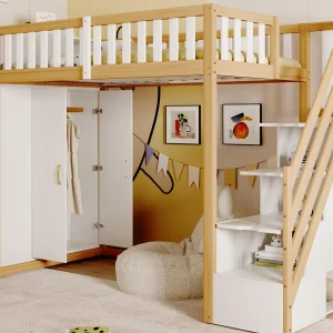 Houten mezzaninebed 90x200cm – met kledingkast, planken en opbergtrap – Wit Houten mezzaninebed 90x200cm – met kledingkast, planken en opbergtrap – Wit