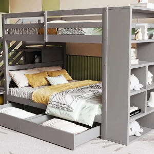 Houten stapelbed 90x200cm – met 2 lades & boekenkast – Grijs Houten stapelbed 90x200cm – met 2 lades & boekenkast – Grijs