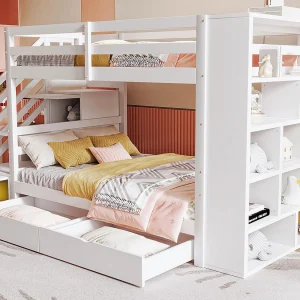 Houten stapelbed 90x200cm – met 2 lades & boekenkast – Wit Houten stapelbed 90x200cm – met 2 lades & boekenkast – Wit