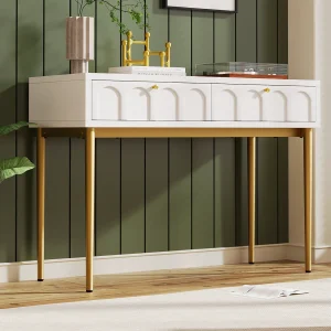 Kaptafel met 2 lades, elegant design, hout en metaal, crèmewit (100×76,5x45cm)