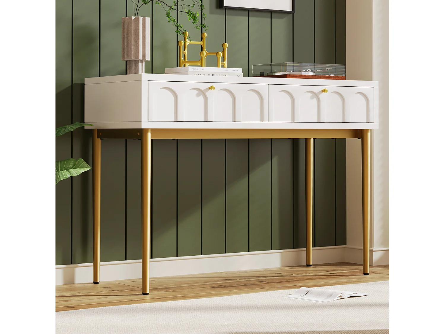 Kaptafel met 2 lades, elegant design, hout en metaal, crèmewit (100x76,5x45cm)