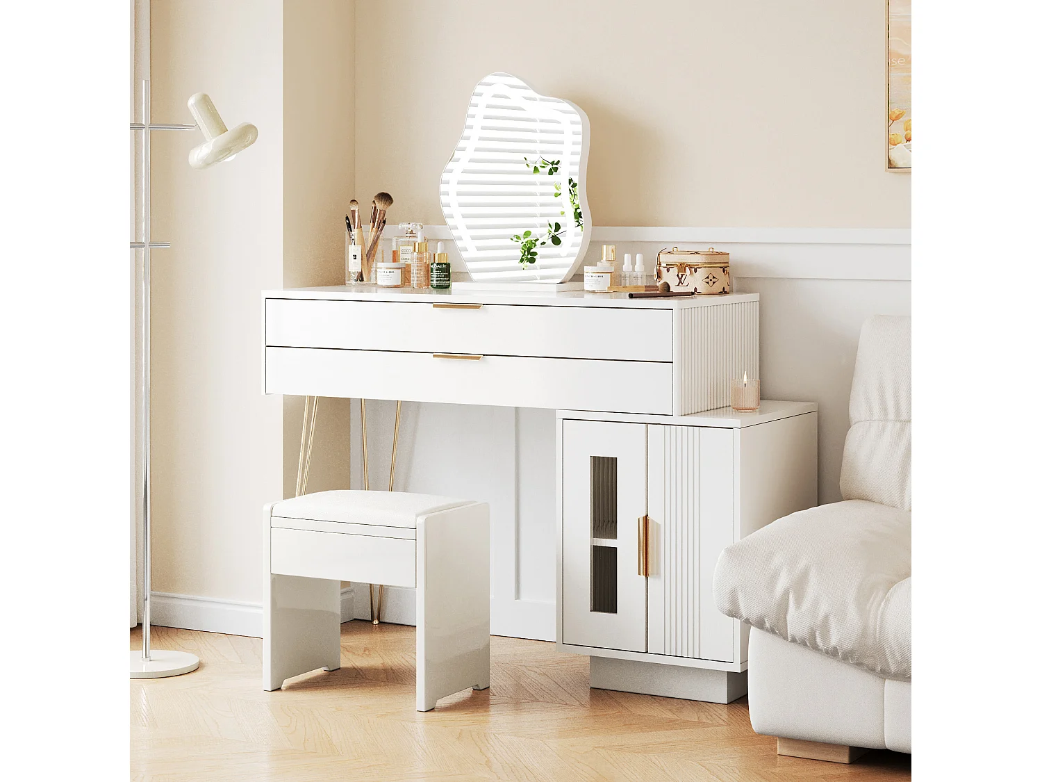 Kaptafel met LED-spiegel, uitschuifbaar design, spaanplaat, wit (100x40x78cm)